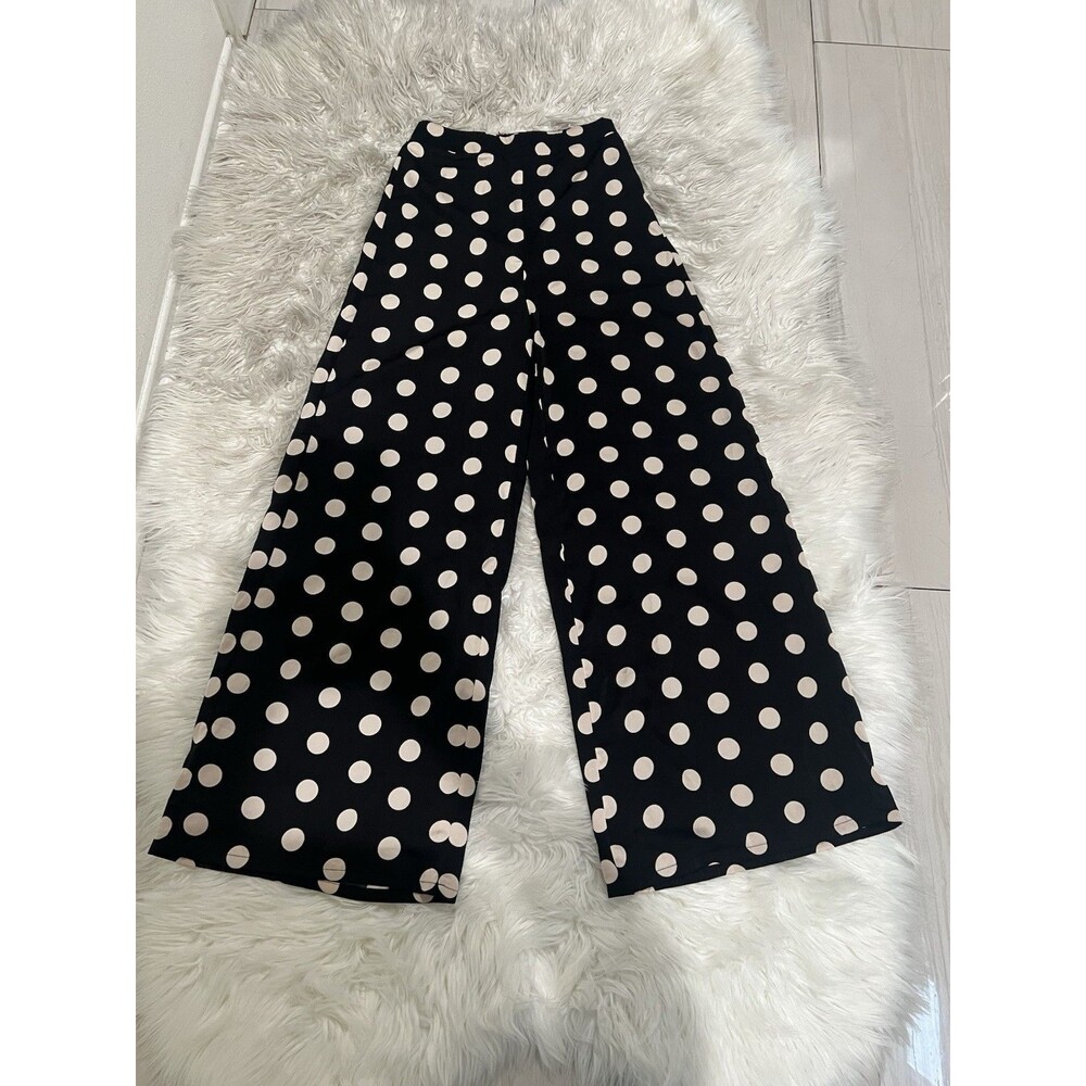 Silk Polka Dot Wide Leg Pants, Double Lined with Zipper Back - High Rise Small